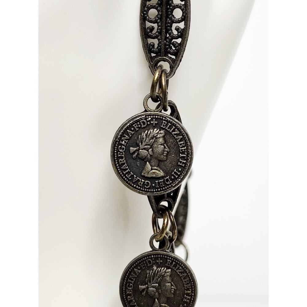 Vintage Queen Elizabeth II British Coin Medallion Charm Bracelet Bronze 8 Inch